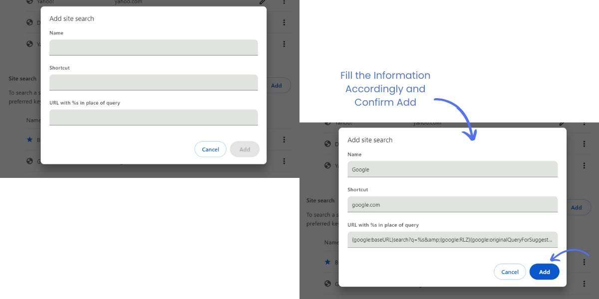 Add New Site search with following codding and information
