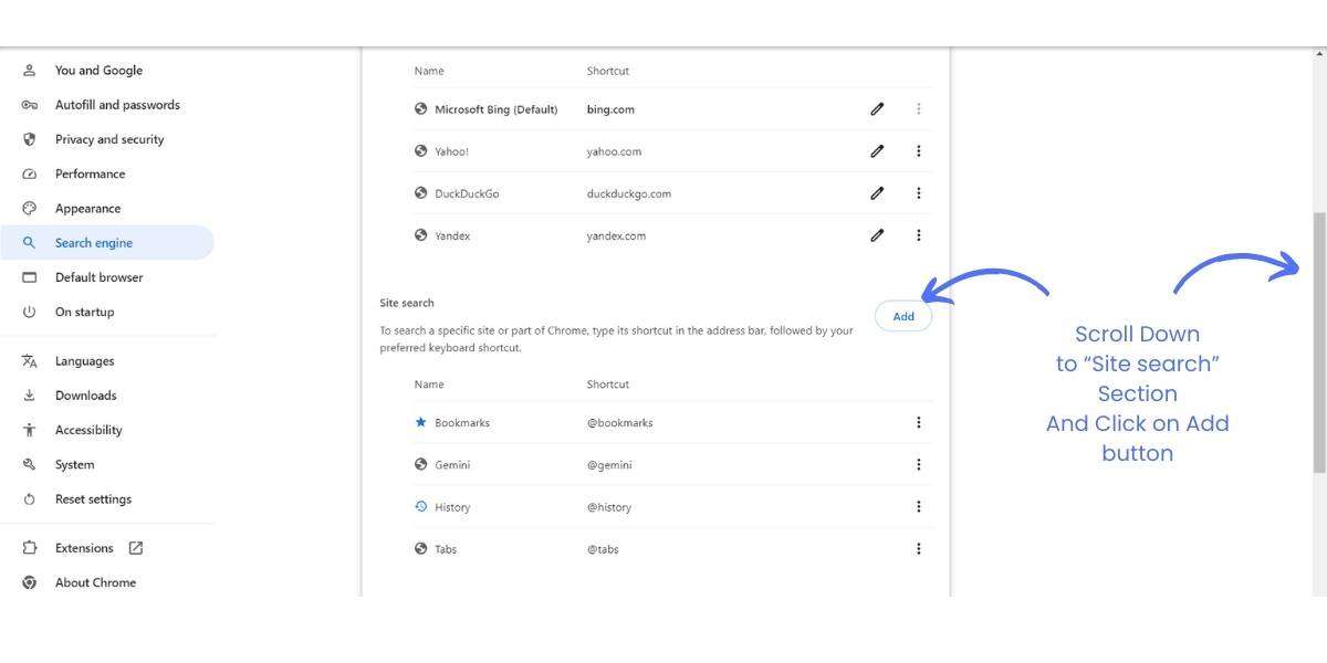 Go to Site search section by scrolling down