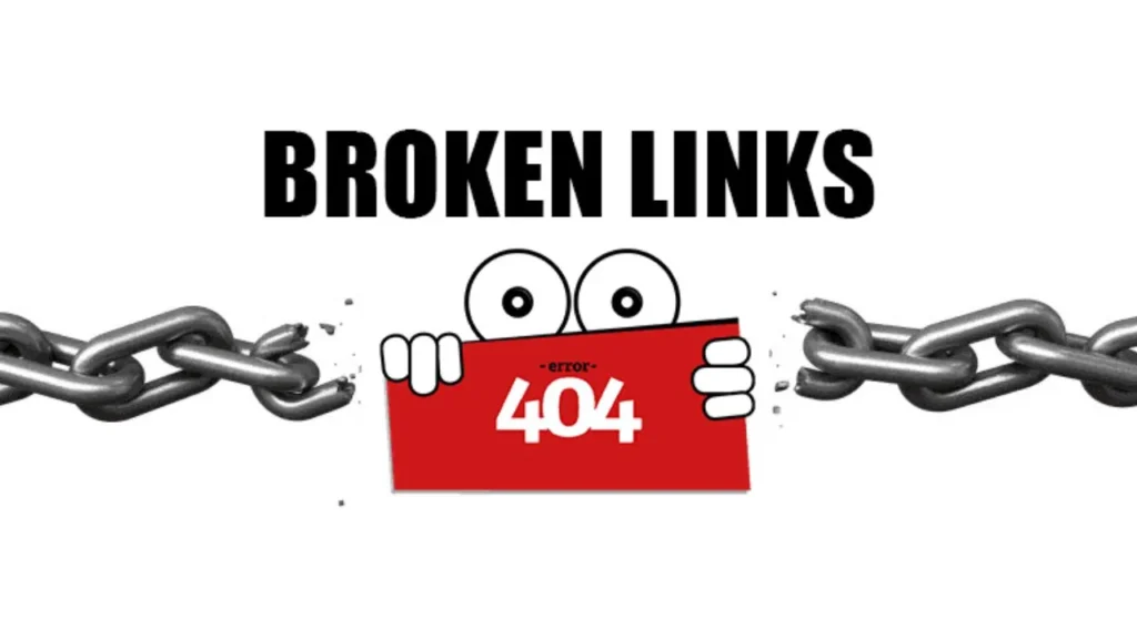 "Illustration of broken metal chain links with a cartoon character holding a red 404 error sign, symbolizing broken website links."