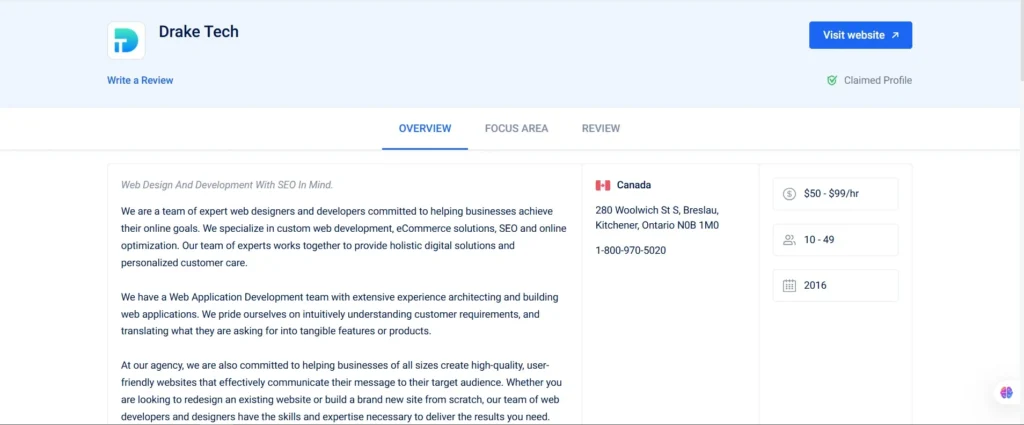 "Drake Tech company profile on a business listing website showing their services in web design, development, and SEO. The image displays an overview of their business, highlighting their expertise in custom web development, eCommerce solutions, and web application development. Drake Tech focuses on providing holistic digital solutions for businesses of all sizes."
