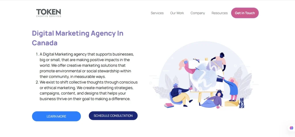 "Token Creative Services homepage showcasing the message 'Digital Marketing Agency in Canada.' The image highlights their mission to support businesses making a positive impact through creative marketing strategies that promote social or environmental stewardship. The website offers marketing solutions including campaigns, content creation, and design to help businesses grow and make a measurable difference."