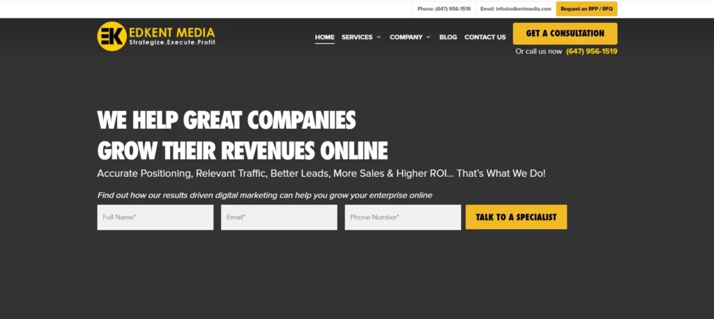"Edkent Media homepage with the slogan 'We Help Great Companies Grow Their Revenues Online.' The image highlights Edkent Media’s services, focusing on accurate positioning, relevant traffic, better leads, increased sales, and higher ROI. The call-to-action button 'Talk to a Specialist' encourages visitors to get in touch for customized digital marketing solutions."