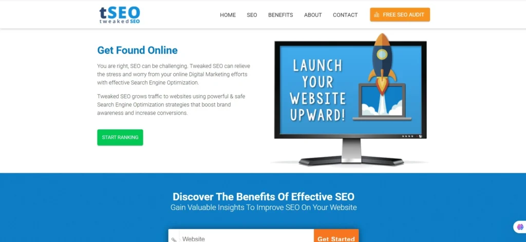 "Tweaked SEO homepage showcasing the message 'Launch Your Website Upward!' The image includes a computer screen with a rocket launching, symbolizing the boost in website traffic and performance through effective SEO strategies. Tweaked SEO offers digital marketing services that help businesses improve their website rankings, increase conversions, and enhance brand visibility."