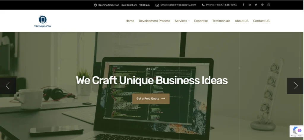 "Webapps4u homepage showcasing the slogan 'We Craft Unique Business Ideas.' The image features a close-up of a laptop displaying code, symbolizing the company's focus on web development and custom business solutions. The call-to-action button encourages users to get a free quote for their projects."