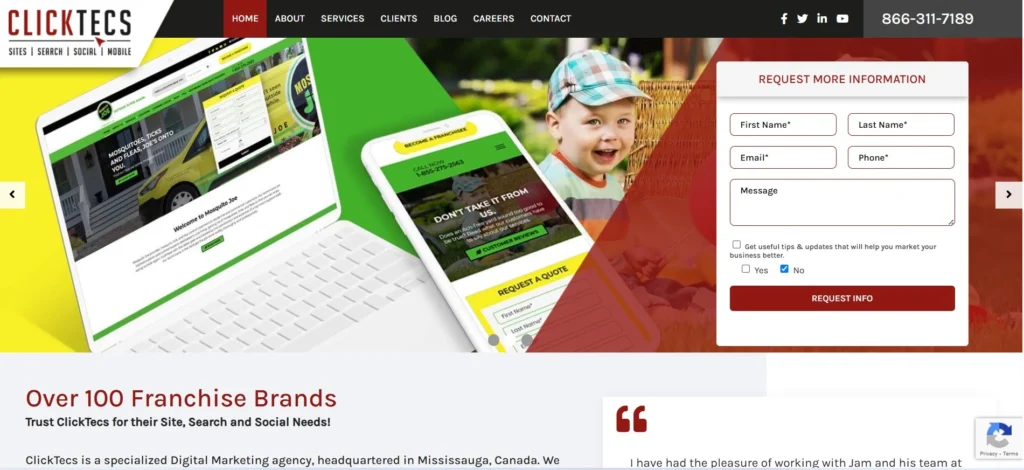 "Homepage of ClickTecs digital marketing agency showcasing web and mobile design services for franchises, with contact form and service navigation menu visible."