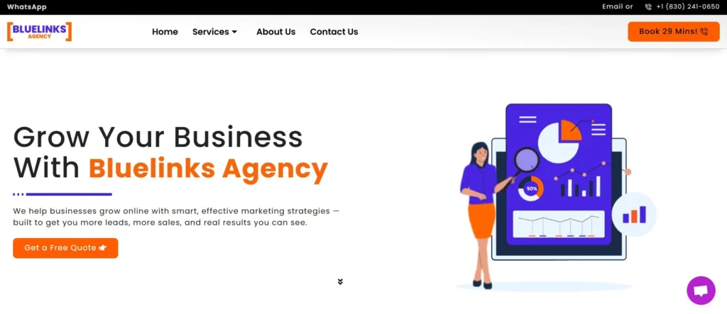 “Bluelinks Agency homepage highlighting tagline ‘Grow Your Business’ with orange and purple accents and illustration of digital analytics.”