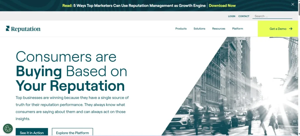 "Reputation.com homepage showcasing headline 'Consumers are Buying Based on Your Reputation' with navigation menu and demo request options for reputation management solutions."