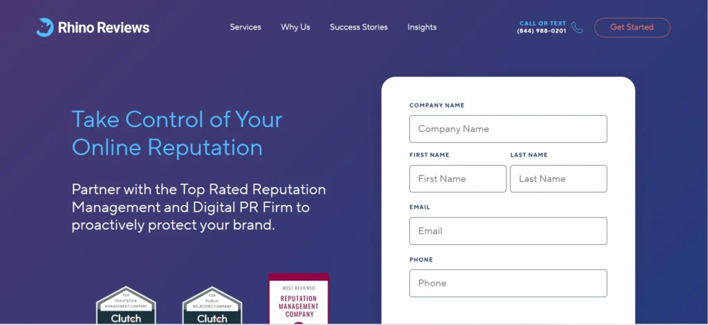 "Rhino Reviews homepage displaying a form for business inquiries and headline 'Take Control of Your Online Reputation' highlighting top-rated digital PR and reputation services."