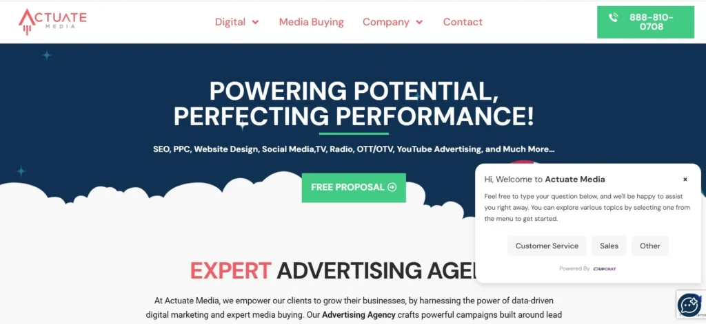 "Actuate Media homepage highlighting their slogan 'Powering Potential, Perfecting Performance' with a free proposal button and services like SEO, PPC, web design, and media buying."