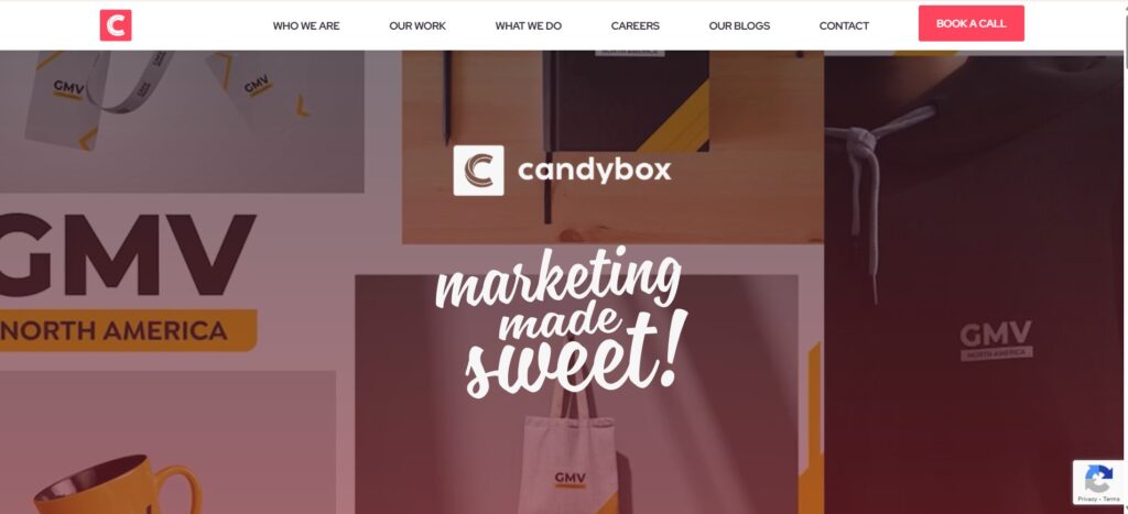 "Homepage of Candybox Marketing featuring the slogan 'Marketing Made Sweet!' with branded visuals, product displays, and a prominent navigation menu at the top."