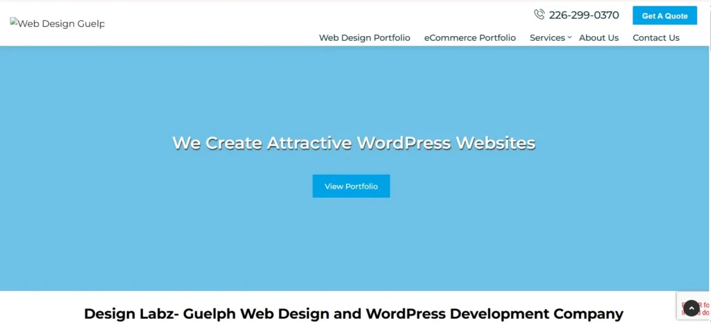 "Homepage of Design Labz featuring the headline 'We Create Attractive WordPress Websites' with a portfolio button and navigation for web design and eCommerce services."