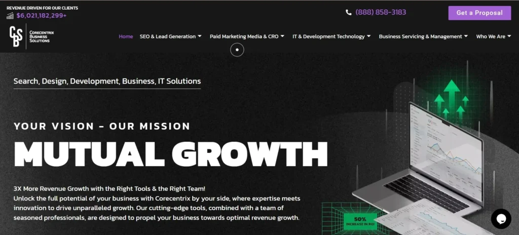 "Homepage of Corecentrix Business Solutions showcasing the slogan 'Mutual Growth' with a black tech-themed background, a laptop displaying analytics, and a navigation menu featuring SEO, paid media, IT solutions, and business services."