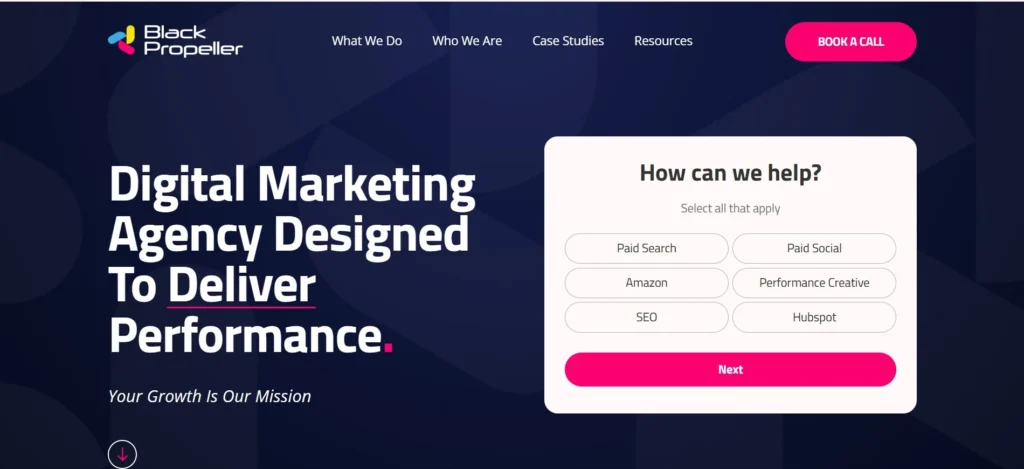 "Homepage of Black Propeller digital marketing agency with bold headline 'Digital Marketing Agency Designed To Deliver Performance' and interactive service selection form."