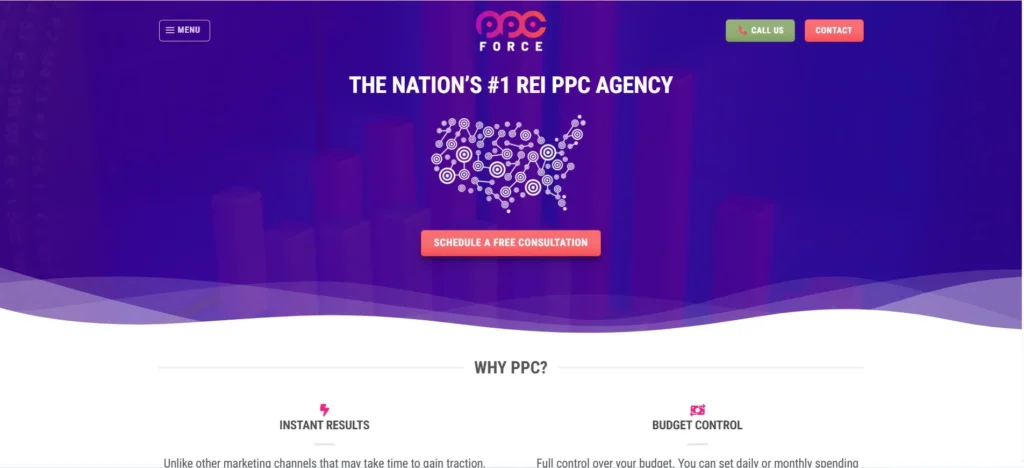 "PPC Force homepage highlighting its claim as the nation's #1 REI PPC agency, with a bold purple background, U.S. map graphic, and 'Schedule a Free Consultation' CTA button."