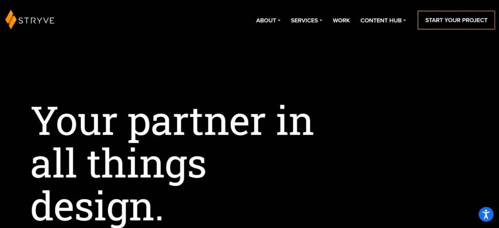“Homepage of Stryve Digital Marketing showcasing bold white headline on black background with navigation links and 'Start Your Project' CTA.”