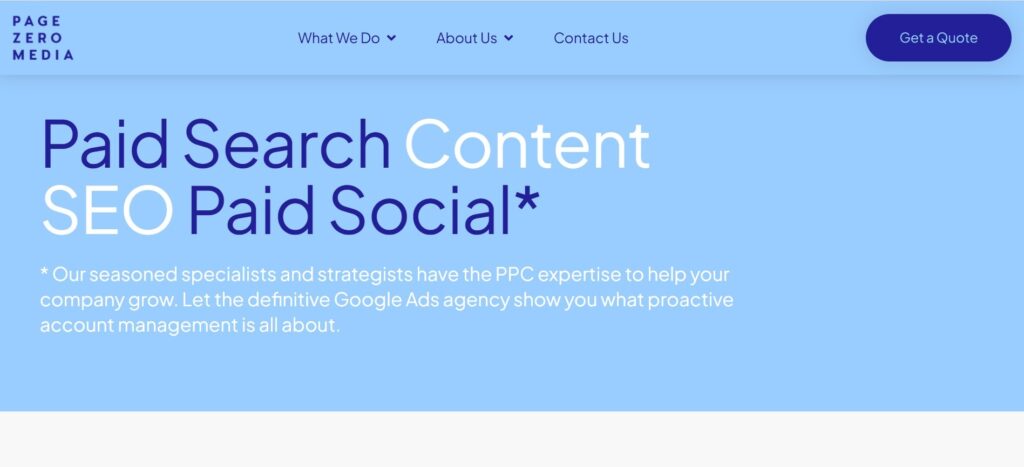 "Homepage of Page Zero Media featuring bold keywords like Paid Search, Content, SEO, and Paid Social, with a quote emphasizing expert Google Ads management."