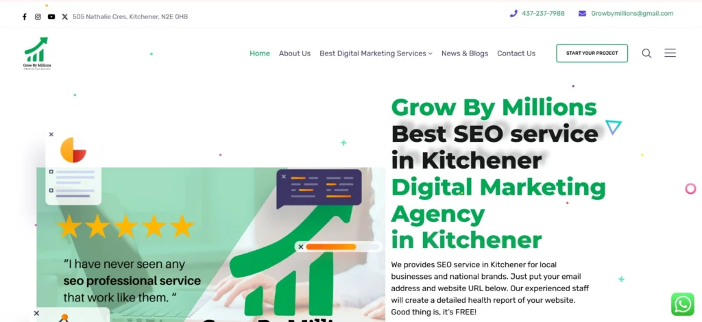 “Grow By Millions homepage showcasing SEO and digital marketing services in Kitchener with bold green text and customer review overlay.”