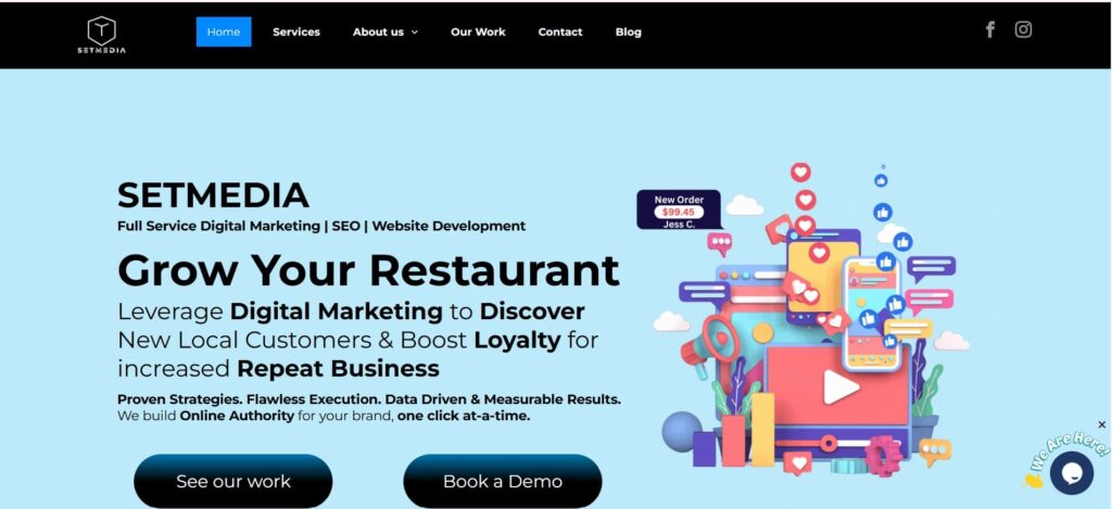 Homepage of SETMedia with a light blue background and floating social media icons promoting digital growth for restaurants through SEO and marketing strategies.