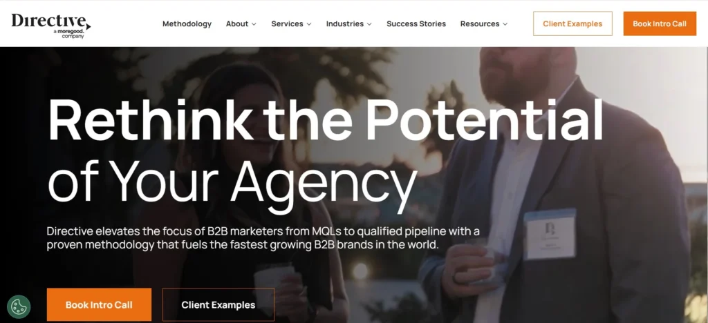 "Directive agency homepage with headline 'Rethink the Potential of Your Agency,' showcasing their focus on B2B pipeline growth and featuring a sunset networking scene."