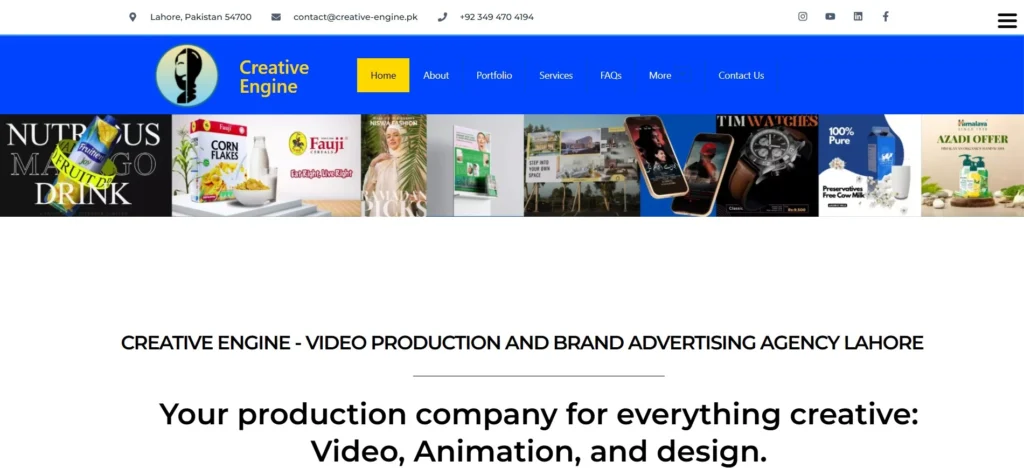 “Creative Engine homepage highlighting video production and brand advertising services with a top bar showcasing project thumbnails and service links.”