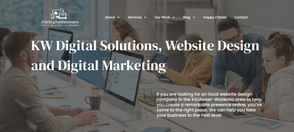 KW Digital Solutions’ homepage featuring a collaborative team at work with the headline “Website Design and Digital Marketing” – emphasizing local Kitchener-Waterloo expertise.