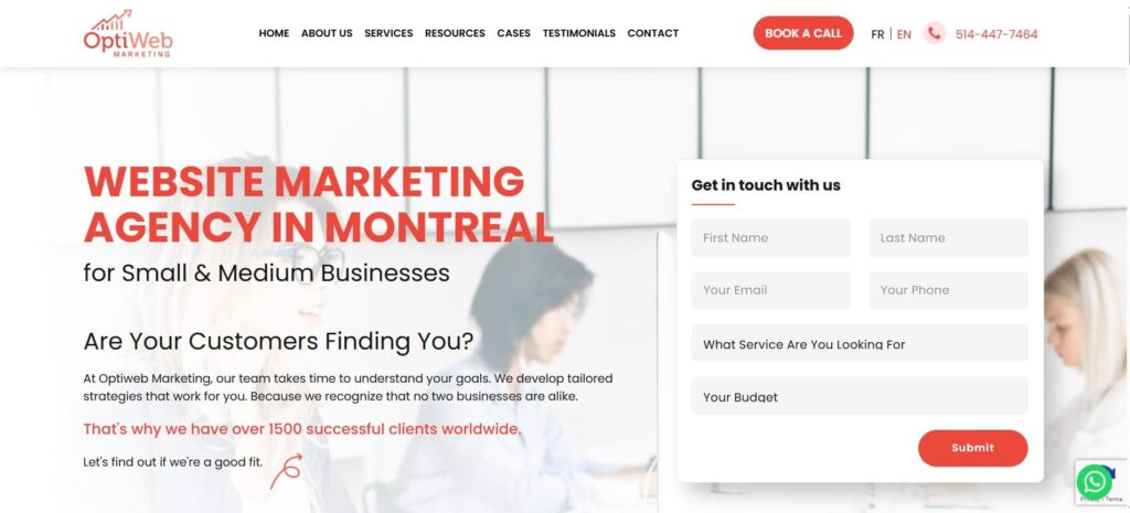 OptiWeb Marketing homepage promoting website marketing services in Montreal for small and medium businesses, emphasizing personalized strategy and client success.