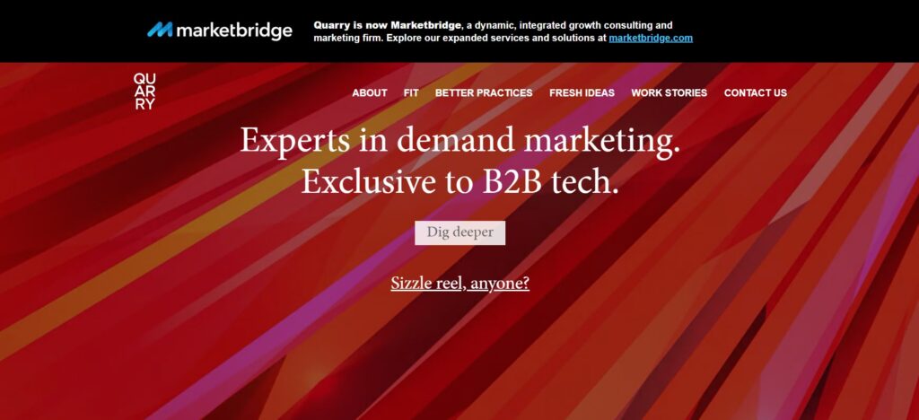 “Quarry homepage featuring a bold red geometric background with text promoting demand marketing services for B2B tech companies.”