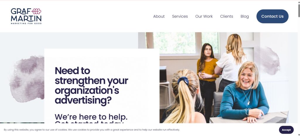 “Graf-Martin Communications homepage showing collaborative team scene and marketing message encouraging nonprofit brand support.”
