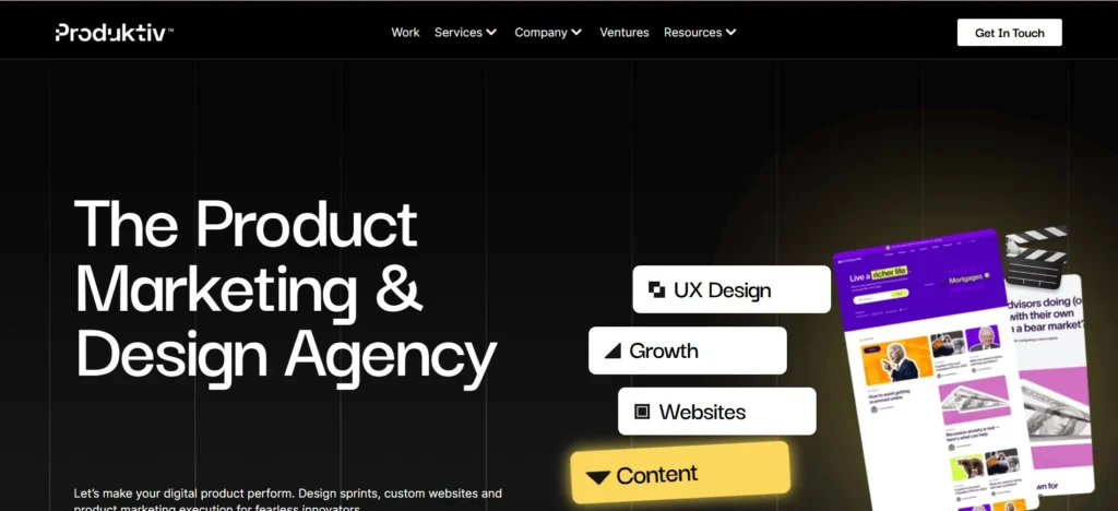 "Produktiv homepage featuring bold tagline 'The Product Marketing & Design Agency' with service highlights like UX Design, Content, Growth, and visual previews of modern websites."