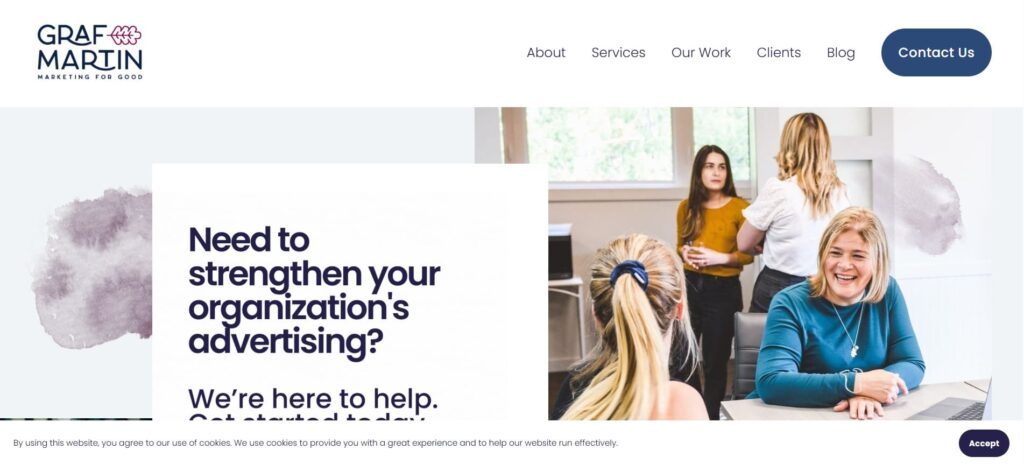 Homepage of Graf-Martin Communications showcasing a welcoming office environment and a message focused on strengthening organizational advertising for good.