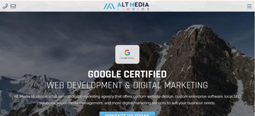 Alt Media Studios homepage highlighting its status as a Google Certified partner, offering services in custom web development, SEO, and digital marketing solutions.