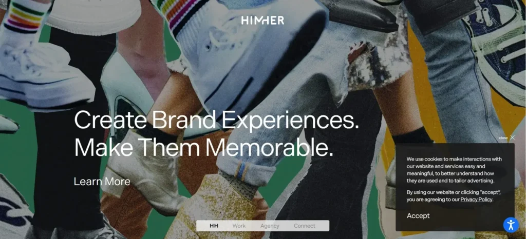 “Colorful homepage of Him & Her Inc. featuring sneaker collage background and tagline ‘Create Brand Experiences. Make Them Memorable.’”