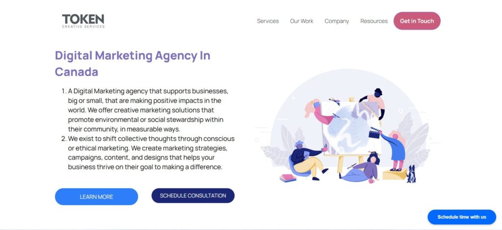 Token Creative Services homepage displaying a mission-driven approach to digital marketing in Canada, with illustrated creatives and ethical marketing strategies.