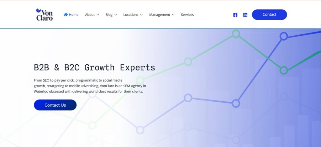 VonClaro’s homepage with a minimalist line chart background and the headline “B2B & B2C Growth Experts” – showcasing their expertise in scalable digital marketing.