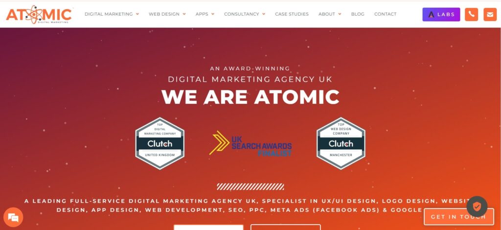 Homepage of Atomic Digital Marketing, showcasing their awards from Clutch and UK Search Awards, with emphasis on SEO, PPC, and full-service digital marketing.