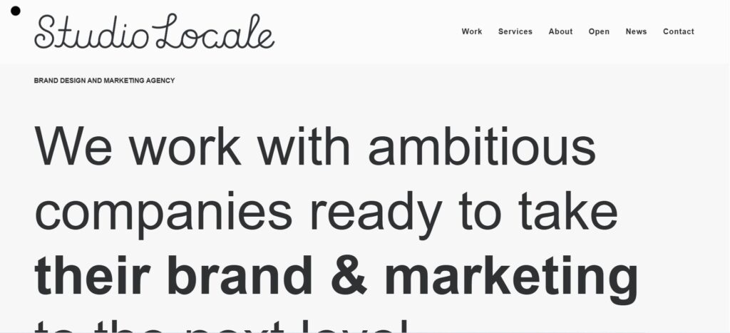 “Studio Locale homepage with bold headline stating ‘We work with ambitious companies ready to take their brand & marketing to the next level.’”