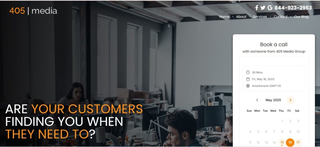 Landing page of 405 Media Group with the tagline “Are Your Customers Finding You When They Need To?” and a calendar scheduling interface for consultation.