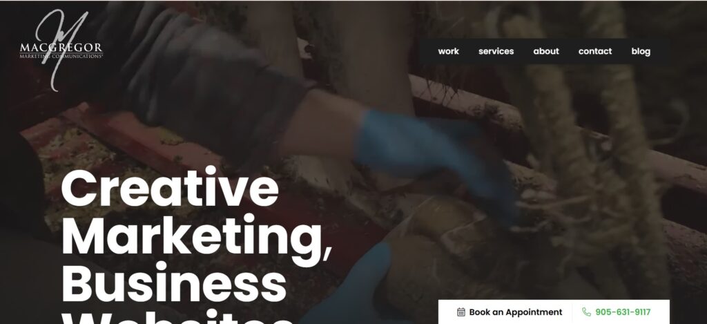 “MacGregor Marketing Communications homepage featuring background video and bold white text highlighting creative marketing and business website services.”