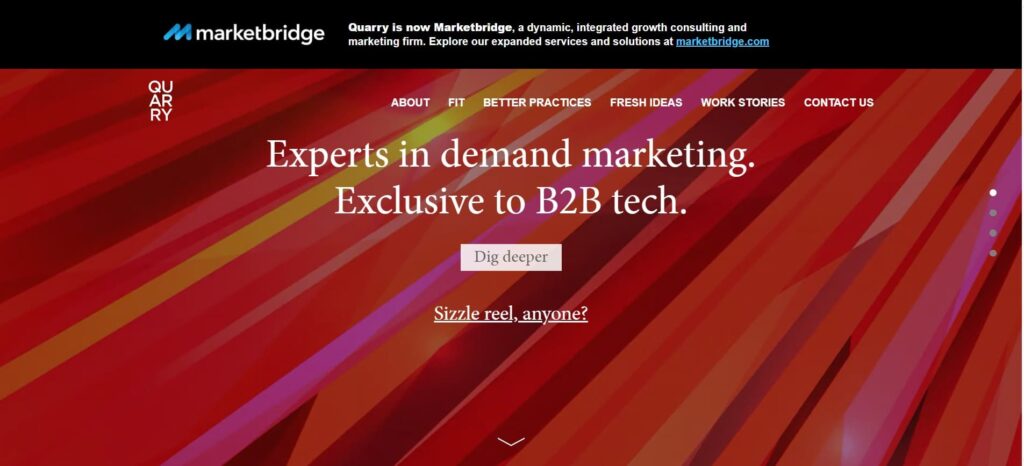 Homepage of Quarry (Marketbridge) featuring a vivid red abstract design with the tagline “Experts in demand marketing” – highlighting their B2B tech specialization.
