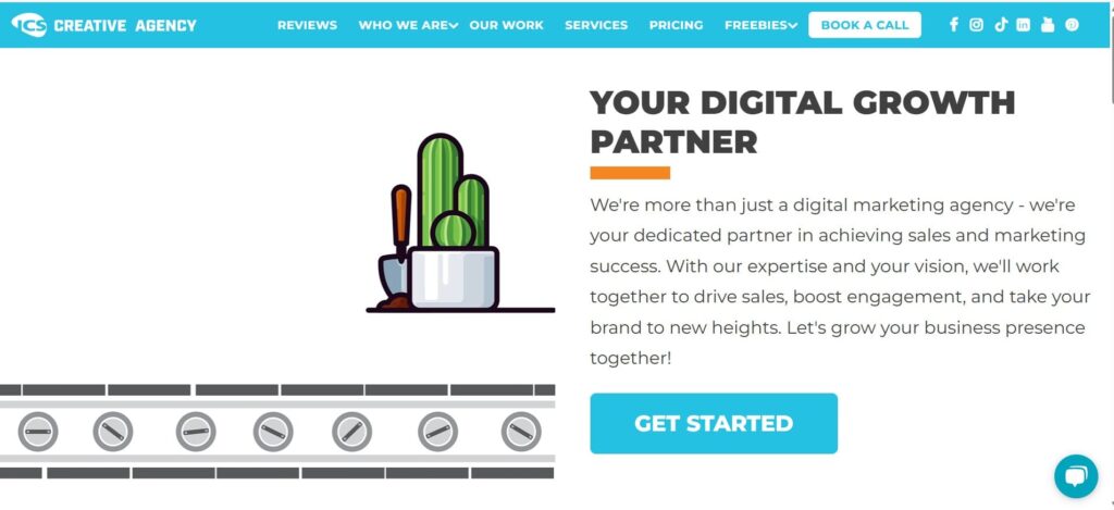 ICS Creative Agency homepage showing illustrated cactus and growth elements alongside the slogan “Your Digital Growth Partner” – portraying creativity and business growth support.