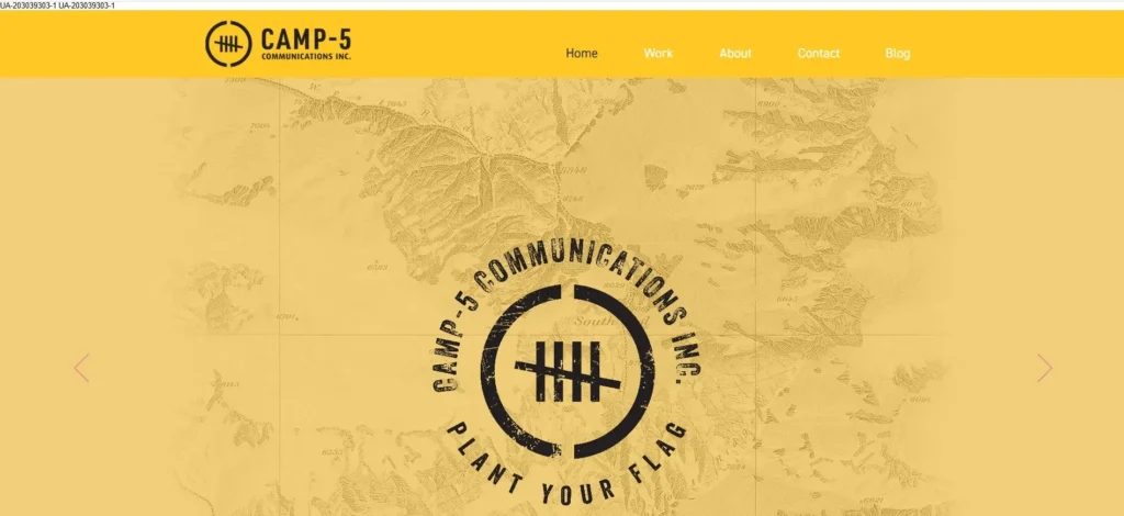 “Camp-5 Communications homepage featuring a rugged yellow background with a stamped-style logo and the phrase ‘Plant Your Flag.’”