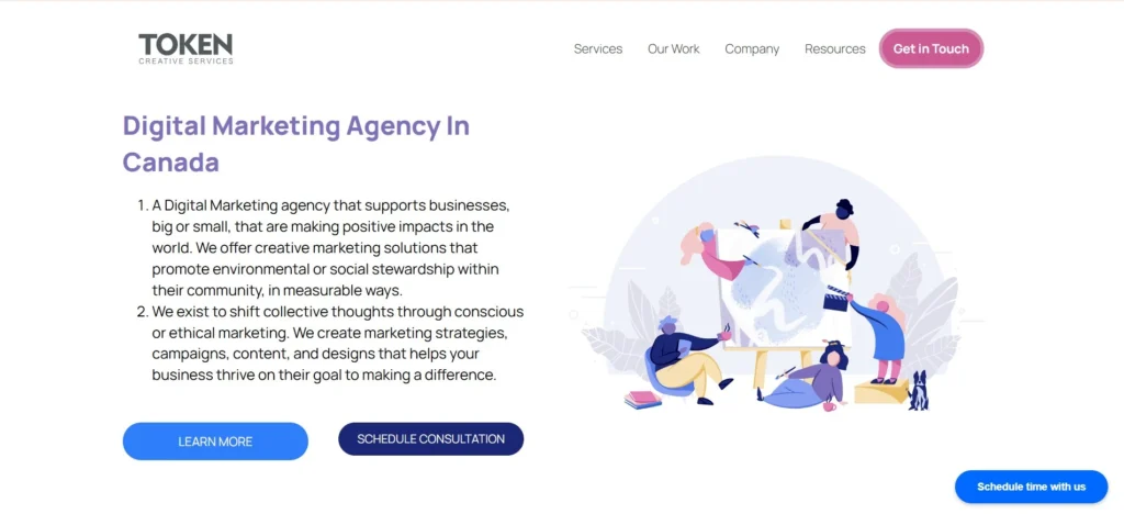 “Token Creative Services homepage highlighting ethical digital marketing with mission-focused text and illustration of diverse people painting together.”
