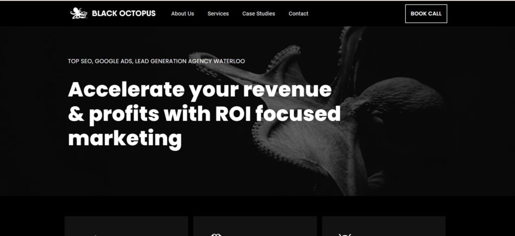 Black Octopus Agency’s website showcasing a dark theme with a bold octopus background and the promise to “Accelerate revenue with ROI focused marketing.”