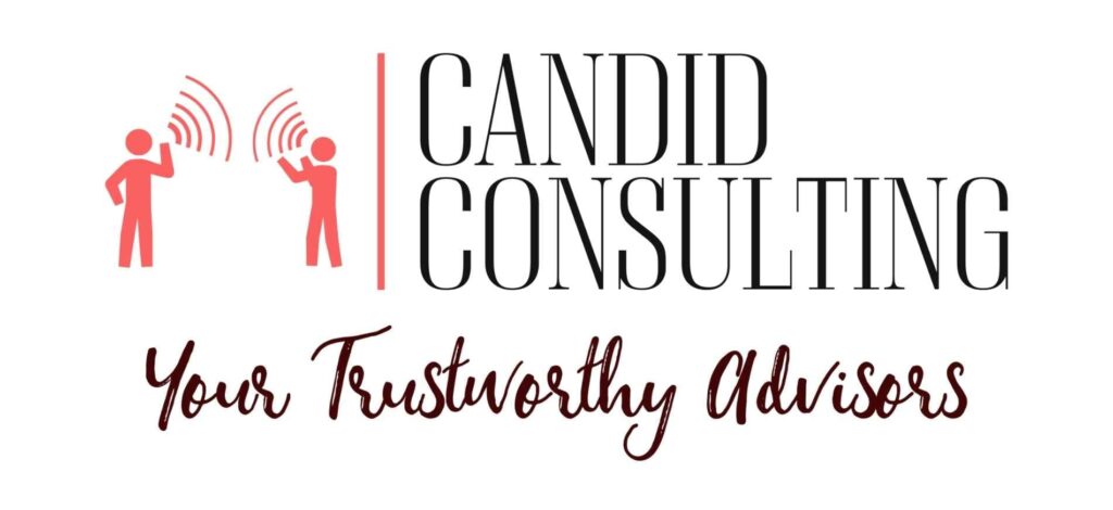 Logo of Candid Consulting with red icons of people communicating and the tagline “Your Trustworthy Advisors,” representing a public relations and brand strategy firm.