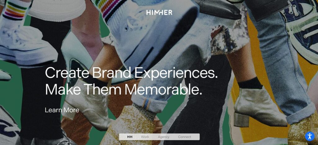 Him & Her Inc. homepage with artistic, fashion-forward visuals and the statement “Create Brand Experiences. Make Them Memorable” – targeting lifestyle and real estate branding.