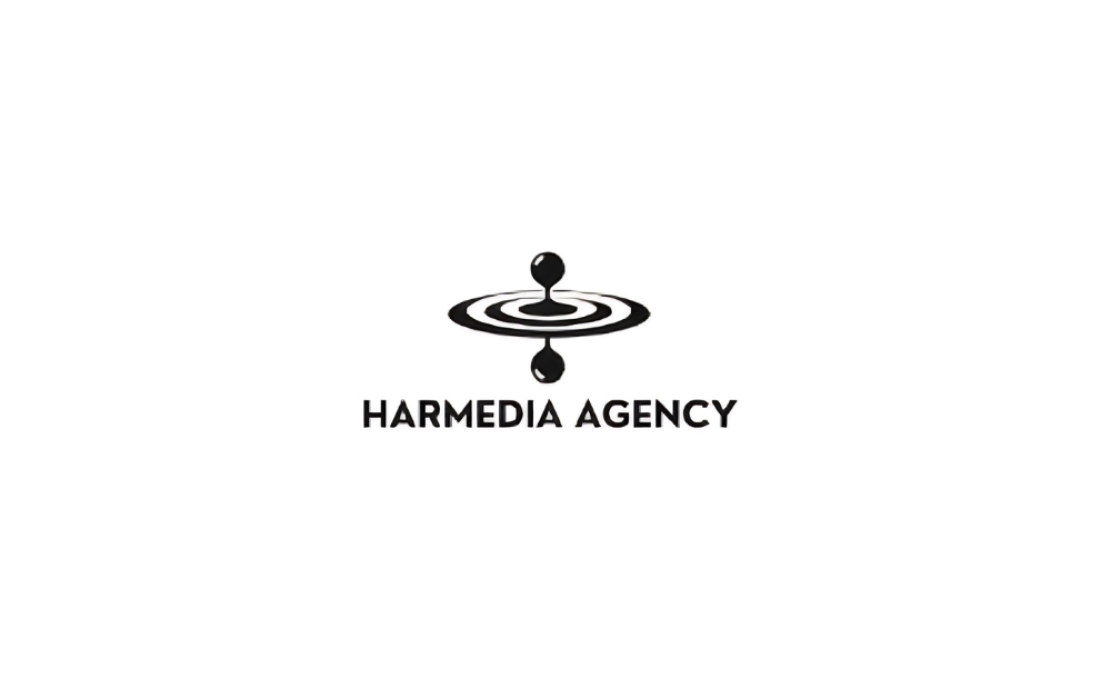 "HarMedia Agency logo featuring a black ripple effect with a droplet above and below the concentric circles, symbolizing impact and digital outreach, with the agency name in bold uppercase letters below the design."