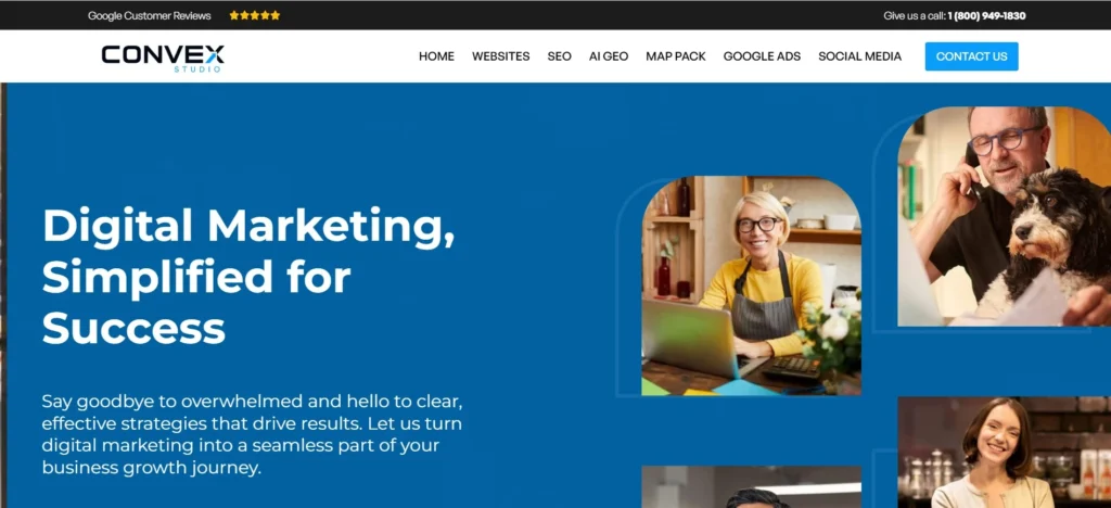 "Convex Studio homepage featuring the tagline 'Digital Marketing, Simplified for Success' with images of happy small business owners and service-focused messaging."