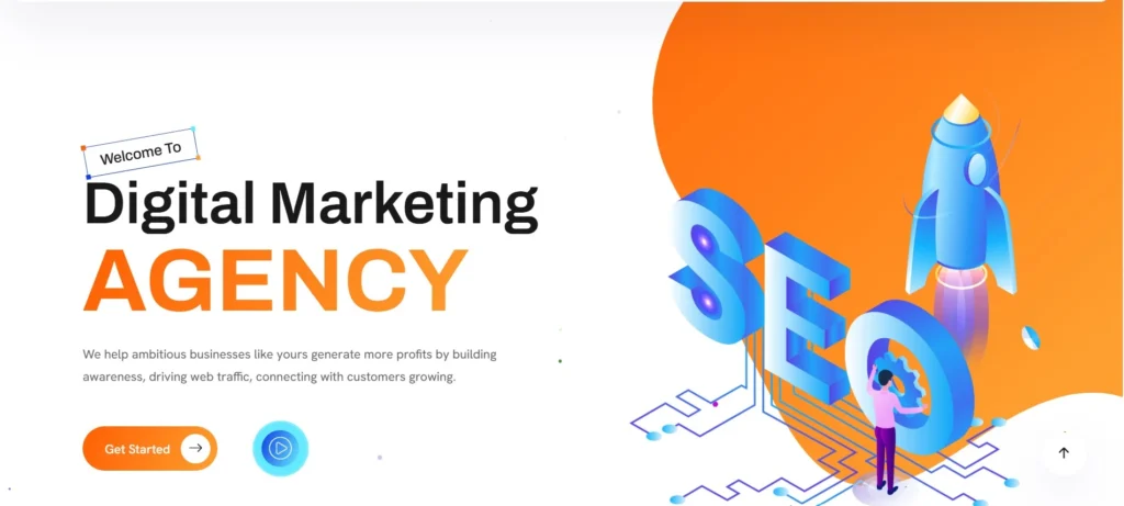 "Colorful digital marketing agency homepage featuring bold 'Digital Marketing Agency' text, SEO illustration, and rocket launch graphic with a call-to-action button."