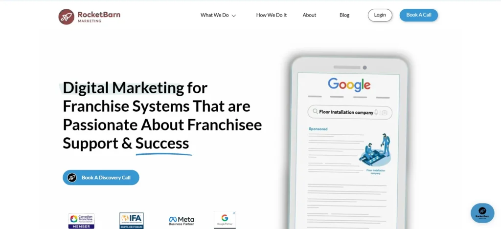 "RocketBarn Marketing homepage highlighting digital marketing for franchise systems with emphasis on franchisee success, featuring a Google search ad mockup and partner badges."