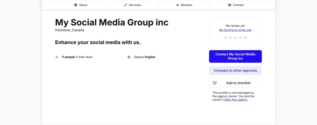 "My Social Media Group Inc. agency profile showing team size, location in Kitchener, and service tagline 'Enhance your social media with us' with a contact button."